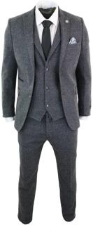 Heren 3-delige Antracietgrijze Haringbone-Tweed Streeppak Houtskool - 40 (Borst)