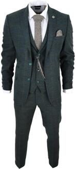 Heren 3-delige Wolkostuum Olijfgroen Tweed Ruit Peaky Blinders 1920 Gatsby Formeel - 48 (Borst)