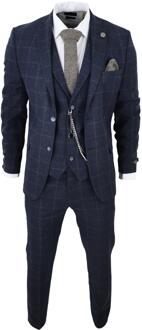 Heren 3-delige Wollen Pak Marineblauw Tweed Ruit Peaky Blinders 1920 Gatsby Formeel Navy - 42 (Borst)
