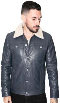Heren afneembare kraag leren truckerjack-Zagreb Navy - 5XL