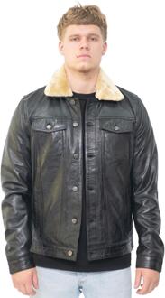 Heren afneembare kraag leren truckerjack-Zagreb Zwart - 3XL