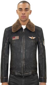 Heren badged vintage zwart lederen bomberjack-tunis - maat S