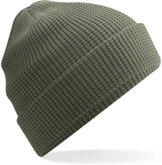 Heren Beanie Wintermuts wafelstructuur olijf groen 100% katoen One size
