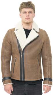 Heren bikerjack met dubbele rij knopen van schapenvacht-Manila - maat L Bruin