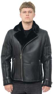 Heren bikerjack met dubbele rij knopen van schapenvacht-Manila Zwart - 3XL