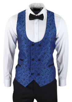 Heren blauwe smoking blazer vest brokaat zwart satijn paisley dinerjack - 48 (Borst)