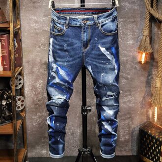 Heren Blue Ripped Jeans Skinny Graffiti Broek Vernietigd Broek Hip Hop Print Punk Biker Denim Broek Lente/Zomer streetwear 30