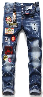 Heren Bottom Denim Broek Blauw Borduurwerk Etikettering Verf Ripped Gaten Wilde Esdoornblad Icoon Persoonlijkheid Jeans 33(48)