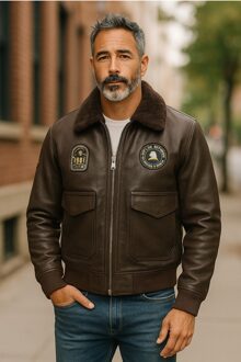 Heren bruin leren bomberjack met schapenvachtkraag G-1 pilotenjack - Ararat - maat 5XL