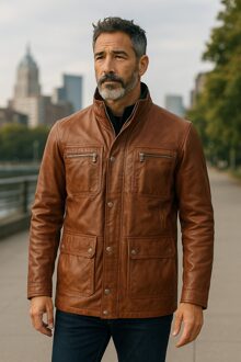 Heren bruin leren militair jack buitenjas - Field - 3XL