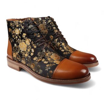 Heren Bruine Bloemenprint Leren Oxford Enkellaarsjes - Adam