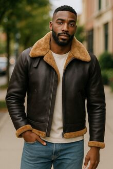 Heren Bruine Ginger Ginger B3 Aviator Echt Schapenvacht Leren Vliegjack - Hobart - XL