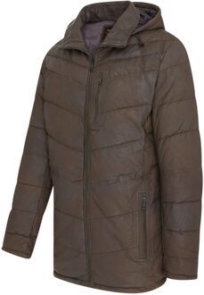 Heren Bruine Leren Gewatteerde Jas met Capuchon en Puffer Winterjas - Olyic - maat L