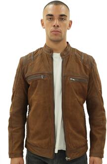 Heren buff lederen racer bikerjack-Wenen Bruin - M