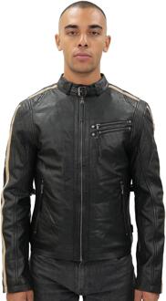 Heren Cafe Racing gestreept leren jack-Marseille Zwart - 5XL