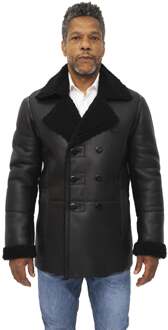 Heren double-breasted shearling schapenvacht erwtenjas-Valencia Zwart - 3XL