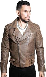 Heren gewatteerd leren bikerjack-bordeaux - maat 2XL Bruin