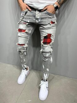 Heren Grid Slim-Fit Ripped Broek Mannen Geschilderd Jeans Patch Bedelaar Broek Jumbo Jogging Size S-3XL XXL