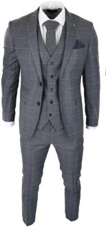 Heren Grijs Pak 3-delig Geruit Vintage Retro Slim Fit Trouwpak Klassiek