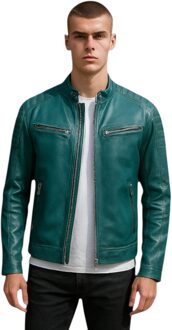 Heren Groen Modern Klassiek Leren Gewatteerd Bikerjack - Mackay - maat S