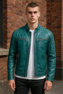 Heren Groen Modern Klassiek Leren Gewatteerd Bikerjack - Smithton - XS