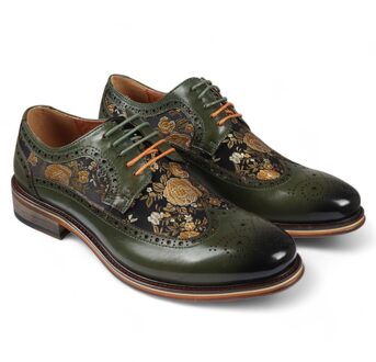 Heren Groene Leren Bloemenprint Brogue Dress Schoenen - Ross