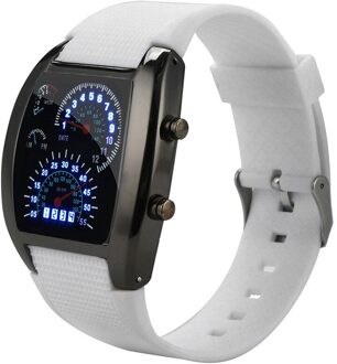 Heren Horloge Mode Led Licht Flash Turbo Snelheidsmeter Sport Horloge Auto Dial Meter Klok Horloge Relogio Masculino wit