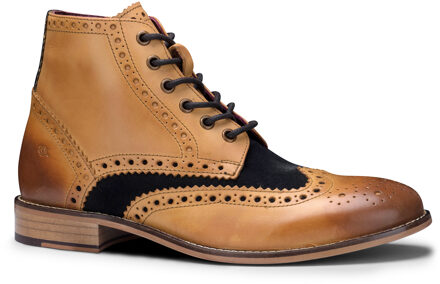 Heren klassieke Oxford Tan lederen Gatsby brogue enkellaarzen met marineblauw suède Bruin - EU 44.5 / UK 10