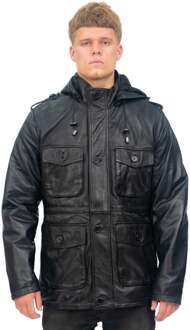 Heren lederen trenchcoat met capuchon-Medellin Zwart - 2XL