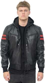 Heren Leren Hooded Retro Bomberjack - Skopje - maat S Zwart