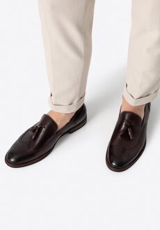 Heren Leren Mocassins met Perforaties, Donkerbruin, Natuurlijk Leer Donker Bruin