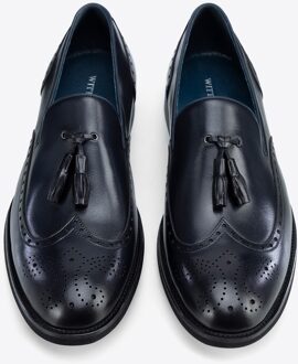 Heren Leren Mocassins met Perforaties Marineblauw, Natuurlijk Leer Donkerblauw