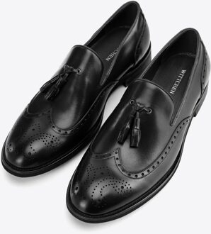 Heren Leren Mocassins met perforaties, zwart, natuurlijk leer