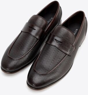 Heren Leren Mocassins met Visgraatmotief, Donkerbruin, Natuurlijk Leer Donker Bruin