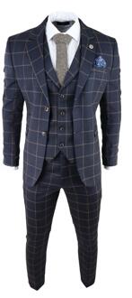 Heren Marineblauwe Geruite 3-delige Tweed Pak Peaky Blinders 1920s Gatsby Tailored Fit Navy - 36 (Borst)