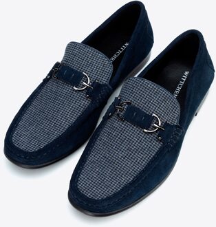 Heren Marineblauwe Geruite Stoffen Mocassins met Suède Leer Donkerblauw