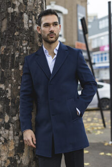 Heren marineblauwe overjas met reverskraag en wolmix