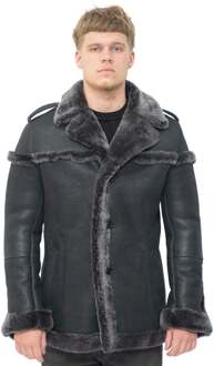 Heren merino schapenvacht suède jas met strikriem-Granada - maat 4XL Zwart