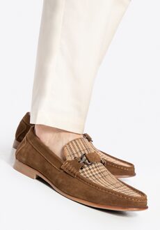 Heren mocassins van bruin en beige geruit suède leer - maat