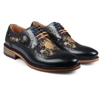 Heren Navy Blauw Leren Bloemenprint Brogue Dresschoenen - Ross