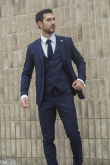 Heren Navy Geruit 3-delig Pak Slim Fit Blauw - 50" (Chest) 44" (Waist)