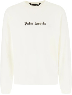 Heren Off White T-Shirt met Lange Mouwen en Logo Palm Angels , White , Heren - Xl,L,S