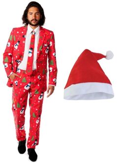 Heren Opposuits Kerst kostuum rood met kerstmuts - maat 56 (3XL)