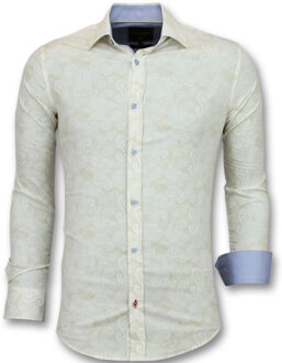 Heren Overhemden Italiaans - Blouse Met Print - 3010 - Beige - Maten: S