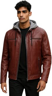 Heren Ox Red Hooded Burgundy Biker Lamsleren Jas - Ingham - maat L Rood