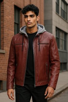 Heren Ox Red Hooded Burgundy Biker Lamsleren Jas - Kingston - maat 5XL Rood