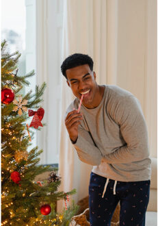 Heren pyjama broek lang donker zuurstok kerst print - maat L Blauw