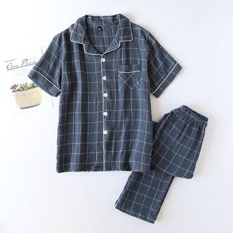 Heren Pyjama Lente Herfst Korte Mouwen Broek Plaid Thuis Pyjama Set Dunne Zomer Katoenen Garen Slaap Slijtage Mannen Pijama hombre marine grijs / Xl
