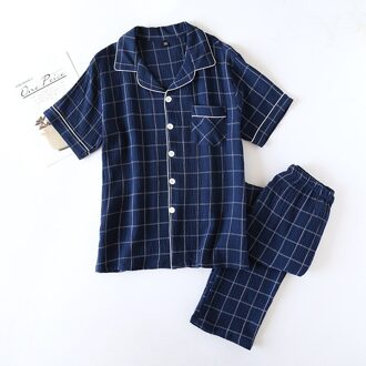 Heren Pyjama Lente Herfst Korte Mouwen Broek Plaid Thuis Pyjama Set Dunne Zomer Katoenen Garen Slaap Slijtage Mannen Pijama hombre marine / Xl