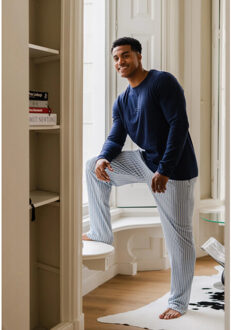 Heren pyjama set lang donkerblauw/grijs gestreept Veelkleurig - XL